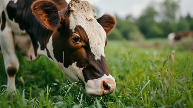 spotted cow chews grass on a green farm meadow.