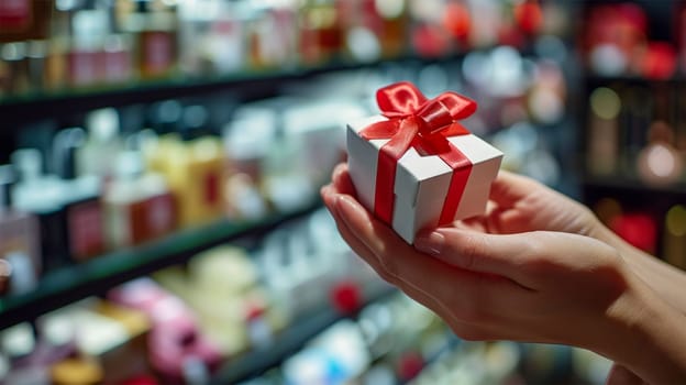 hand holding a small gift box with a red silk ribbon on the background of the shelves of a perfume store