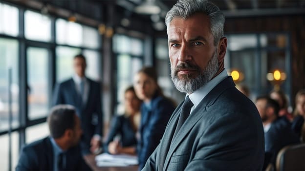 Focused mature businessman on background of office and colleagues in modern office building.