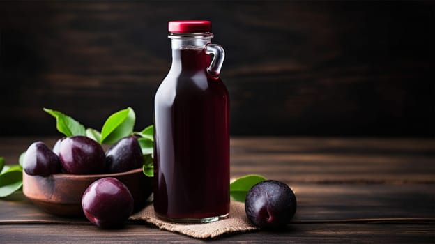 plum smoothie, fruit juice, drink from fresh plums in a bottle, on the table in the kitchen, copy space.