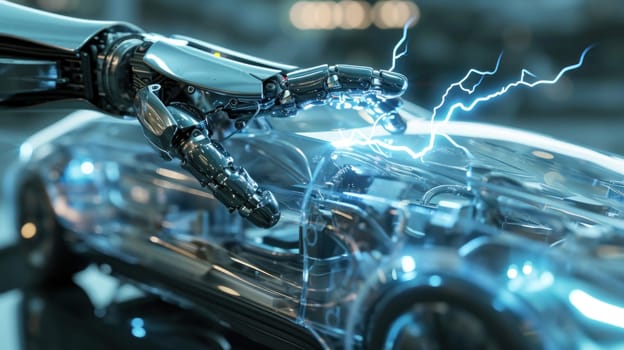 Futuristic robot shoots lightning from his hand into a futuristic transparent electric car, charging it with energy .. concept of technology and electronics development in the future