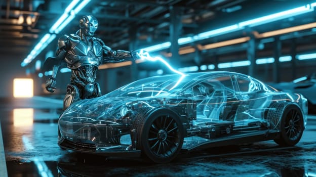 Futuristic robot charges with lightning from his hand into a futuristic transparent electric car, contactless energy charging
