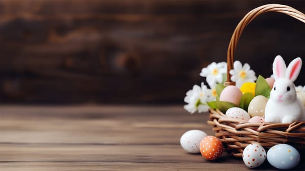 Bright white rabbit in a basket on a wooden background. Symbol of Easter holiday.