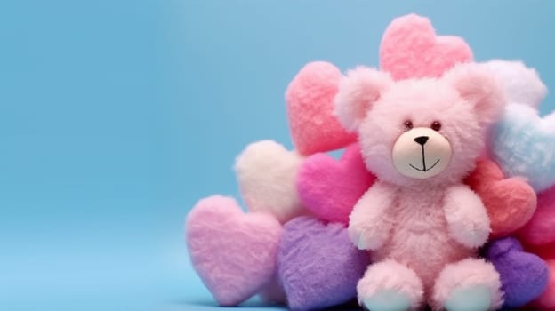 cute pink fluffy Bear toy on a background of soft multi-colored hearts on a blue background with copy space. greeting card for Valentine's Day or holiday greetings.