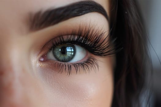 Long and beautiful eyelashes on a woman's eye on a soft background. Female beauty concept: care with eyelash extensions or mascara