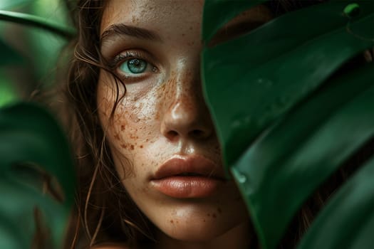 portrait of a red-haired young woman among green tropical leaves in tropical humid climates