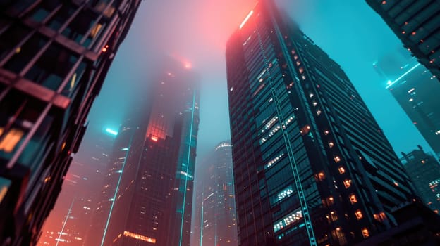 abstract business background with high rise glass buildings at night. defocus, correction of blue, pink and blue colors, futuristic style, business and finance