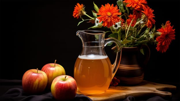 a jug of apple juice or drink surrounded by apples on a dark background, with space for text.