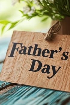 wooden plaque "Father's Day"" under a flower on the table, congratulations on Father's Day"