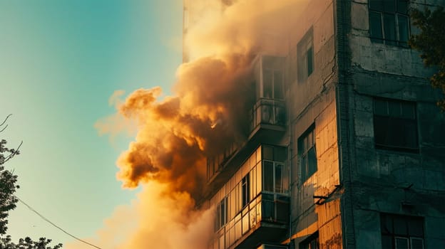 a plume of smoke rises into the air in the city above a building .