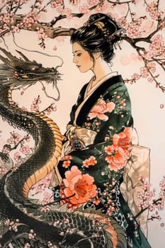 An illustration depicting an oriental dragon and a girl in a kimono under cherry blossoms. Year of the Dragon according to the eastern calendar. The symbol of the year in the culture of the East.