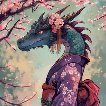 Illustration depicting an oriental dragon in a kimono. Anthropomorphism. Year of the Dragon according to the eastern calendar. symbol of 2024 in the culture of the East.