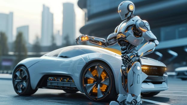 futuristic electronic robot stands on the street near a futuristic electric car. concept of the future and technology development