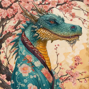 Illustration depicting an oriental dragon in a kimono. Anthropomorphism. Year of the Dragon according to the eastern calendar. symbol of 2024 in the culture of the East.