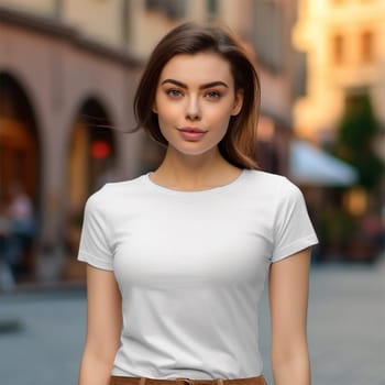 young woman in blank white oversized t-shirt mockup, mockup for design template.