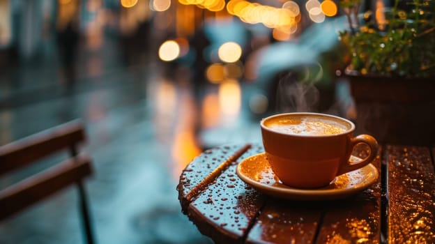 a cup of cappuccino on a table wet from rain in the evening in a street cafe.