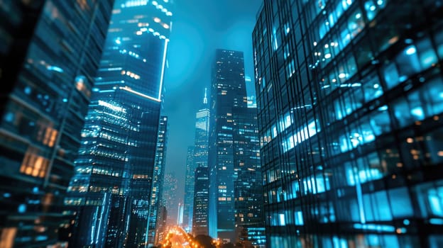abstract business background with high rise glass buildings at night. defocus, correction of light blue and dark blue colors,business and finance