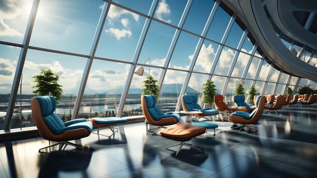 Spacious, bright Modern airport VIP lounge with comfortable wide chairs and large viewing windows.