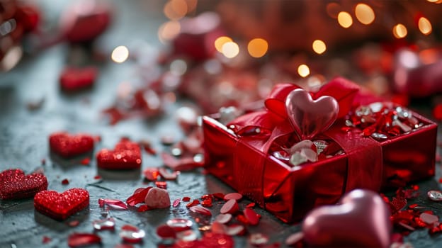 Valentine's day gift box among red hearts, copy space