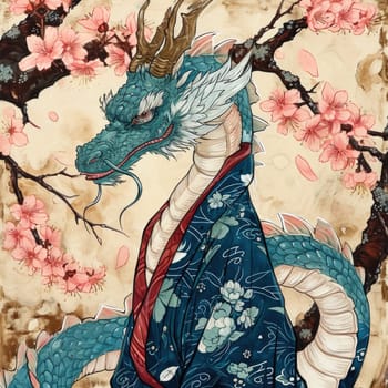 Illustration depicting an oriental dragon in a kimono. Anthropomorphism. Year of the Dragon according to the eastern calendar. symbol of 2024 in the culture of the East.