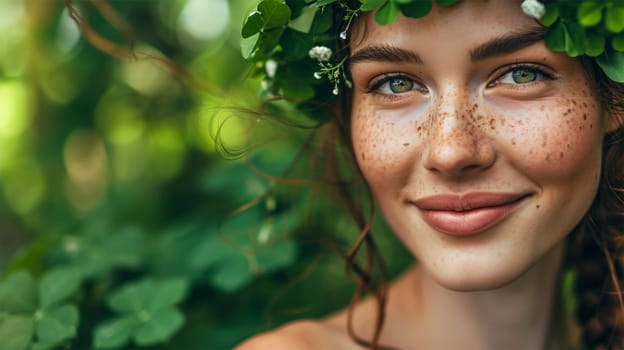Beautiful woman in clover wreath, happy and smiling woman, banner for st. Patrick's day