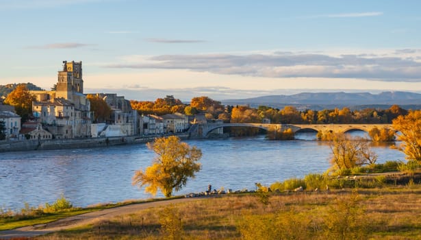 Pont-Saint-Esprit over the Rhone river in Occitanie. Photography taken in autumn in France