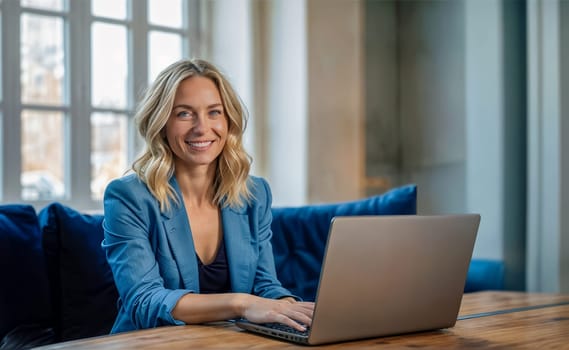 Smiling professional woman working on a laptop in a modern office setting