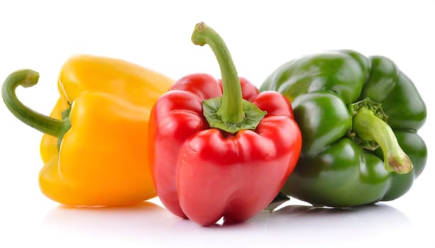 Red, green and yellow bell peppers isolated on white background. AI generated