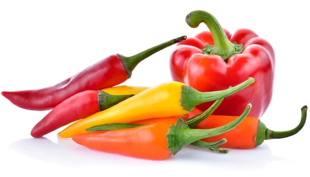 Red, green and yellow bell peppers isolated on white background. AI generated