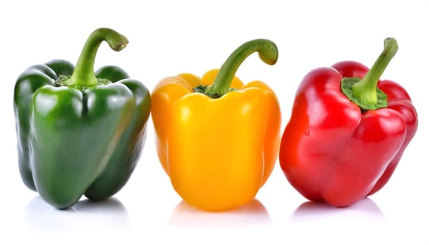 Red, green and yellow bell peppers isolated on white background. AI generated