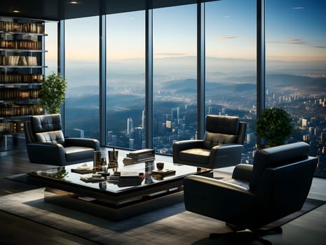 Computer generated illustration sketch of a high-end luxury club where visionary senior executives meet to redefine leadership in an ever-changing business. The view of the outside is very beautiful.