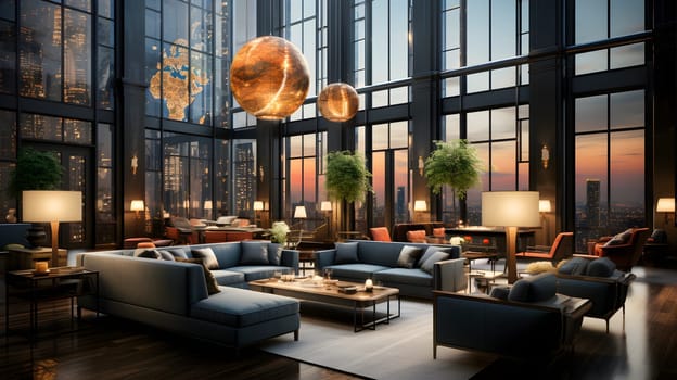 Computer generated illustration sketch of a high-end luxury club where visionary senior executives meet to redefine leadership in an ever-changing business. The view of the outside is very beautiful.