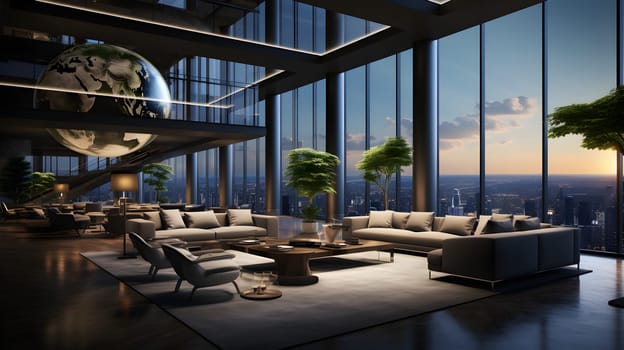 Computer generated illustration sketch of a high-end luxury club where visionary senior executives meet to redefine leadership in an ever-changing business. The view of the outside is very beautiful.