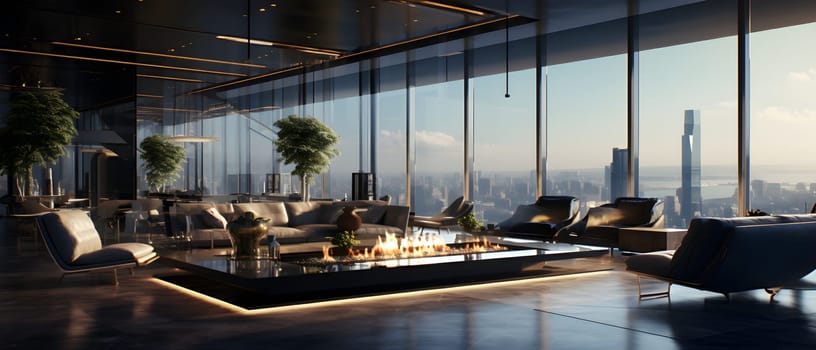 Computer generated illustration sketch of a high-end luxury club where visionary senior executives meet to redefine leadership in an ever-changing business. The view of the outside is very beautiful.