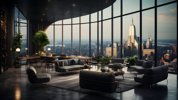 Computer generated illustration sketch of a high-end luxury club where visionary senior executives meet to redefine leadership in an ever-changing business. The view of the outside is very beautiful.