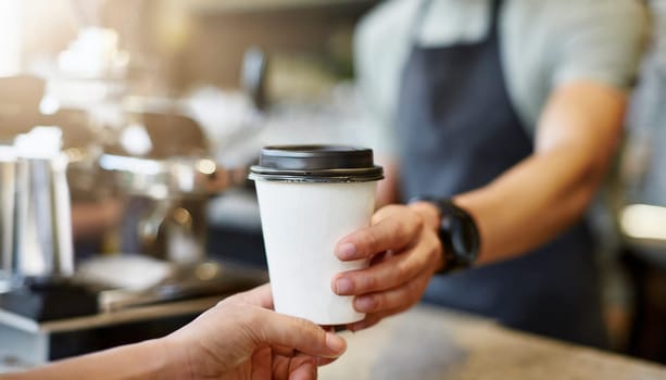 Coffee to go in hand of barista in coffee shop. AI generated