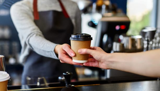 Coffee to go in hand of barista in coffee shop. AI generated