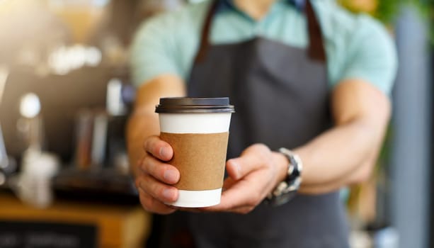 Coffee to go in hand of barista in coffee shop. AI generated