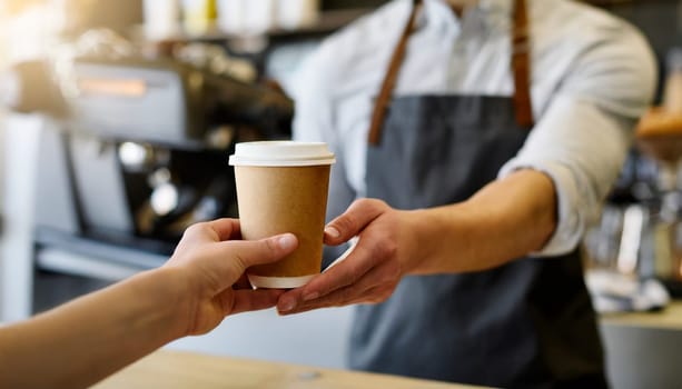 Coffee to go in hand of barista in coffee shop. AI generated