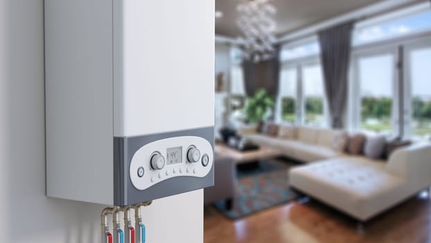 Combi boiler on the wall. 3D illustration.