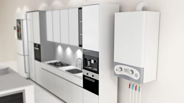 Combi boiler on the wall. 3D illustration.