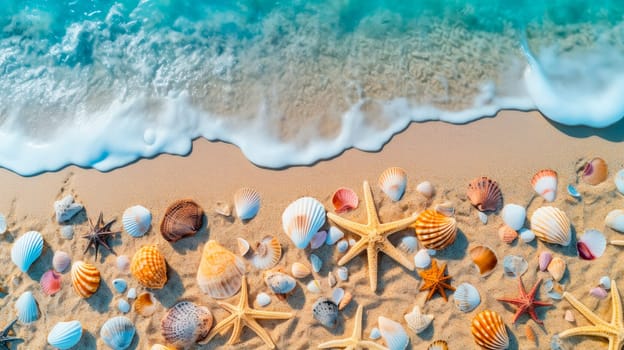 Sea coast with sand, ocean wave, shells and star fish, top view.  Paradise island, exotic tropical beach. AI generated