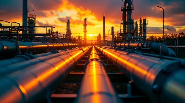 Steel long pipes in crude oil factory during sunset. Oil refineries in the night. AI generated