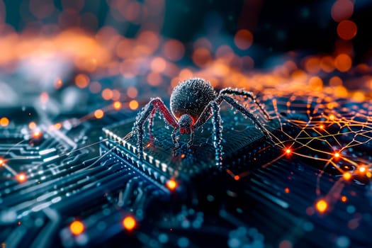 Close-up of spider on the computer circuit board. Spying technology or virys attack concept. AI generated