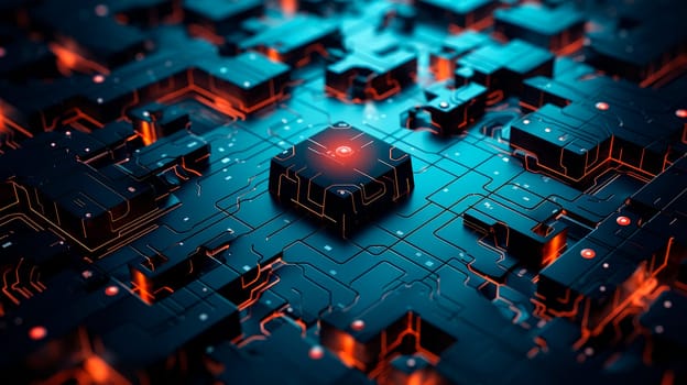 Visual representation of an encrypted network fortress, where intricate patterns and shields create a robust and secure abstract background for cybersecurity. Data Center Secure Servers. AI generated
