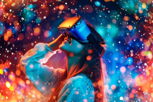 Happy modern young woman with VR headset. Millennial female experiencing virtual reality adventure on sparkling stars background. AI generated
