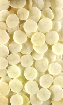 A lot of sliced round slices of raw potatoes top view .Texture or background