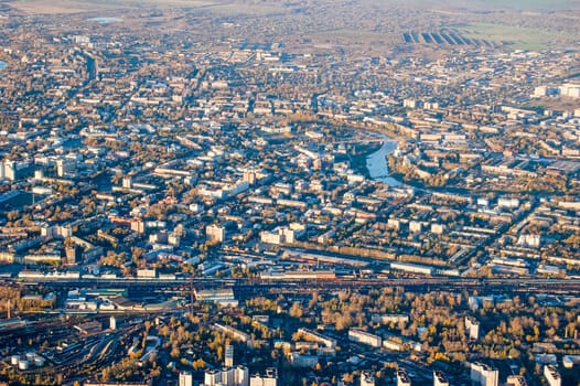 Vologda City bird's-eye view. Aerophotographing Vologda. Houses and buildings of the city.