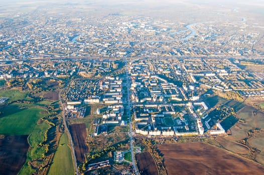 Vologda City bird's-eye view. Aerophotographing Vologda. Houses and buildings of the city.