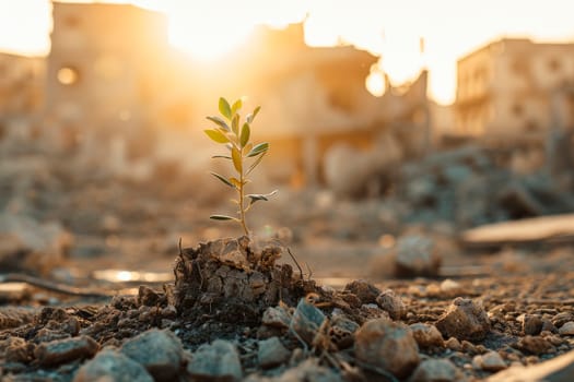 A young tree growing up in a ground with destroyed city , sunrays shine upon it.Peace concept. AI generated